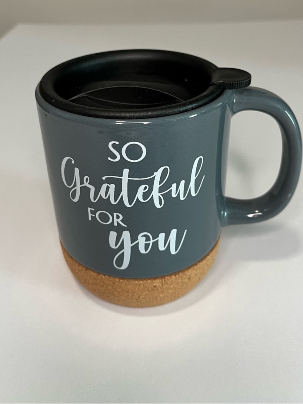 Gray Ceramic Mug with Cork Base - "So Grateful For You"